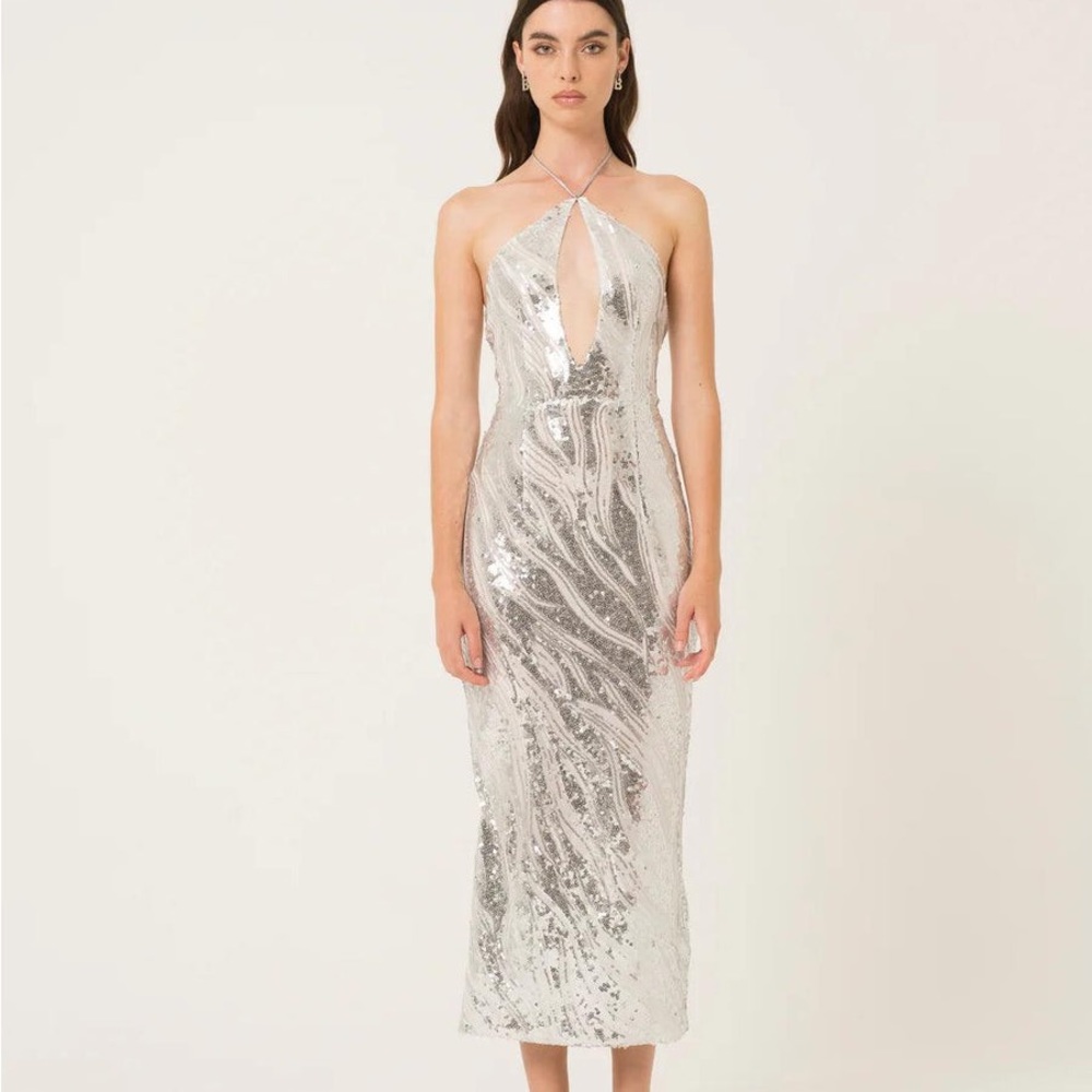 Silver sequin halter dress by Amy Lynn